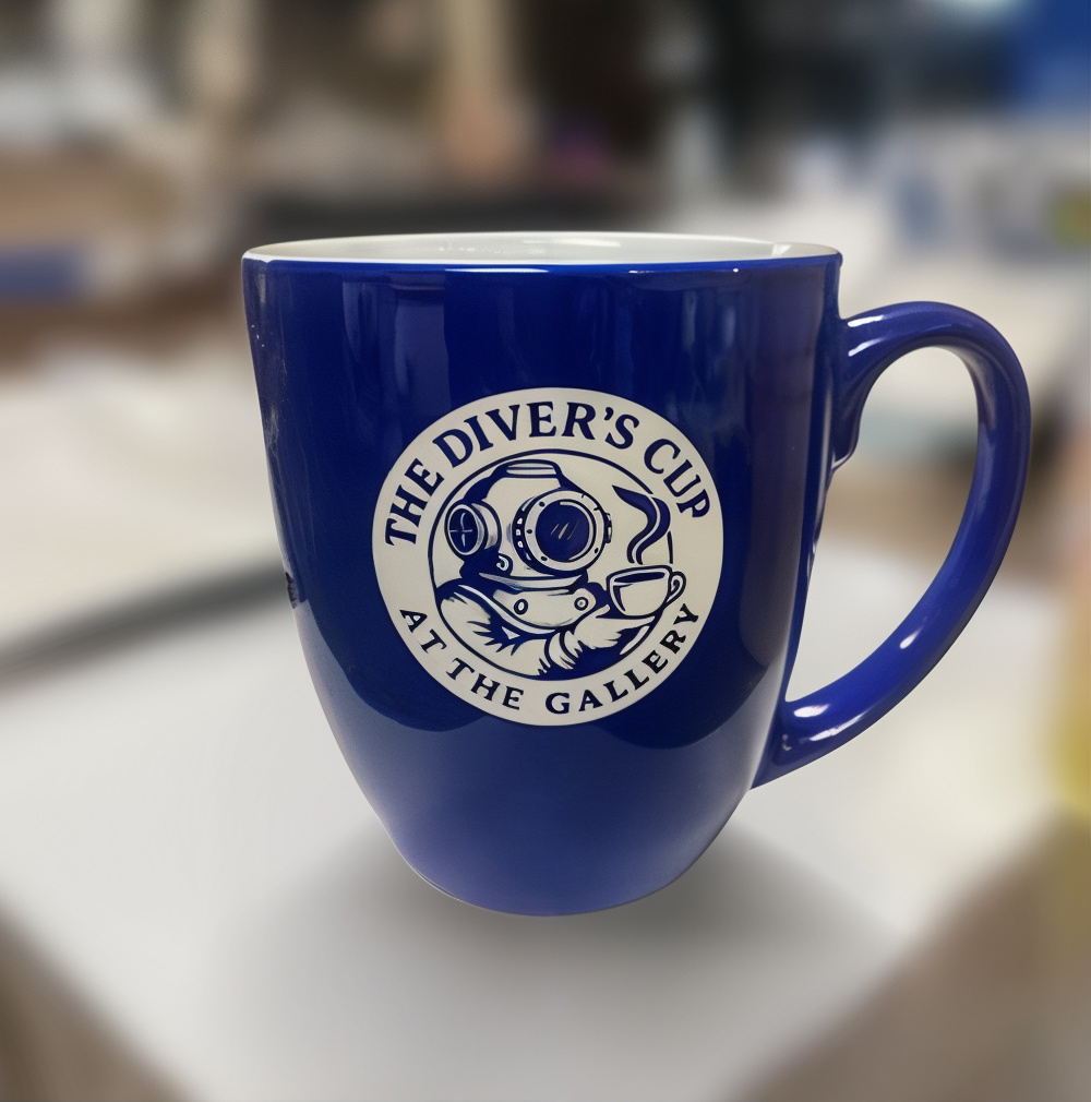 Navy Ceramic mug w engraved "The Divers Cup" logo